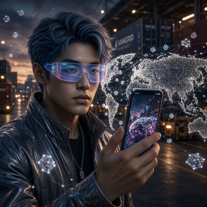 A young person wearing illuminated AR glasses looks at a smartphone displaying a glowing world map made of data points, with shipping containers and an "VANGRID" sign visible in the industrial background, visually echoing the post's theme of using real-world footage captured on location over controlled indoor model training.