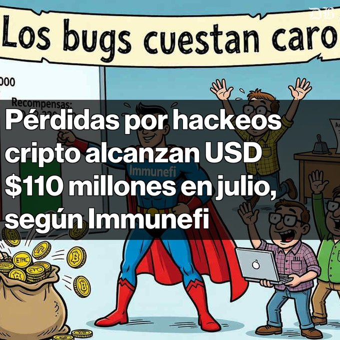 An illustration of a superhero character with the text 'Pérdidas por hackeos cripto alcanzan USD $110 millones en julio, según Immunefi' overlaid, alongside a banner reading 'Los bugs cuestan caro'.