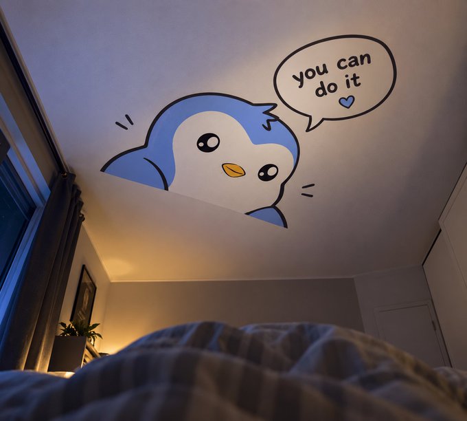 A photograph of a bedroom ceiling featuring a projected or painted cartoon penguin peeking over the edge with a speech bubble that reads 'you can do it' alongside a small blue heart.