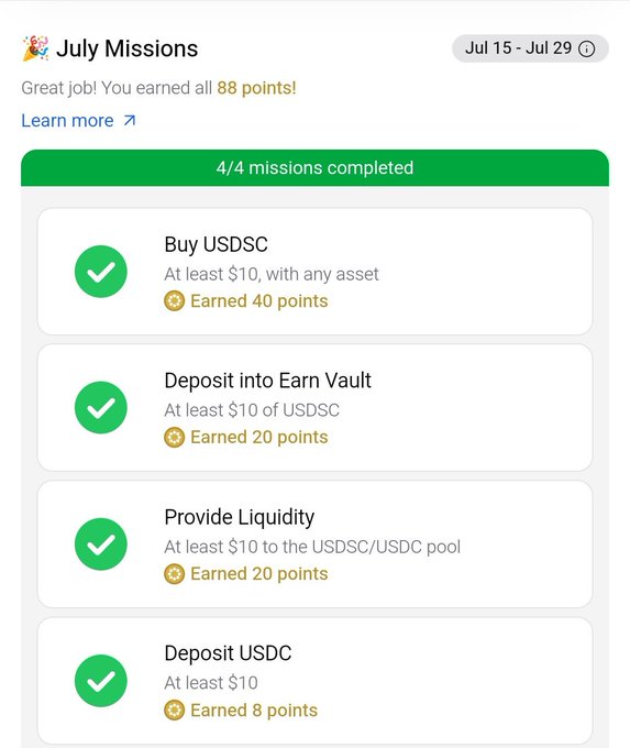 A 'July Missions' rewards page shows 4/4 missions completed, listing tasks like 'Buy USDC' (40 points), 'Deposit into Earn Vault' (20 points), 'Provide Liquidity' (20 points), and 'Deposit USDC' (8 points), totaling 88 points.