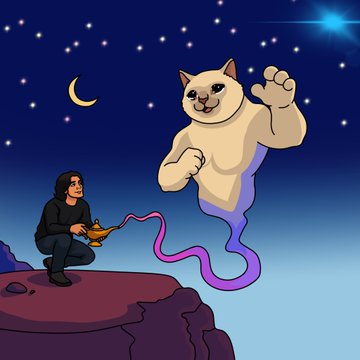A cartoon figure kneels on a cliff under a starry night sky, rubbing a magic lamp to summon a giant, muscular cat-genie emerging from purple smoke, referencing the $CASHCAT memecoin contest entry titled "Proof of Work."