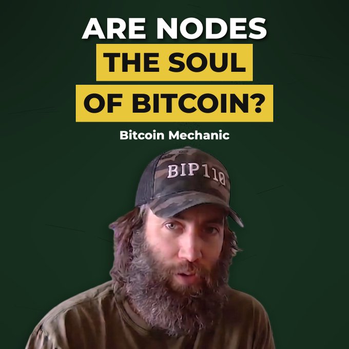 A bearded man wearing a camouflage cap with "BIP 110" on it appears against a dark green background, with yellow and white text reading "ARE NODES THE SOUL OF BITCOIN? Bitcoin Mechanic".