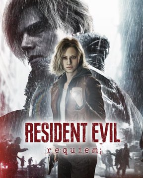 The image is promotional artwork for the video game "Resident Evil: Requiem," featuring a young woman in a hooded jacket with short blonde hair in the foreground, set against a dark, ominous backdrop that includes a hooded figure and a rainy, chaotic scene. The title "RESIDENT EVIL: requiem" is prominently displayed in red and white text at the bottom center.

This ties to the post as the game depicted is the one favored by Polymarket traders to win the Golden Joystick Award for Ultimate Game of the Year.
