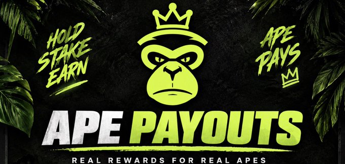 A bold promotional graphic featuring a crowned gorilla logo in neon green against a dark jungle-themed background promotes "APE PAYOUTS" with the tagline "REAL REWARDS FOR REAL APES." The image reinforces the accompanying post about the Robinhood ApeCoin NFT collection's royalty distribution, visually emphasizing the "HOLD STAKE EARN" and "APE PAYS" messaging while highlighting the financial rewards ($8,796 for holders and $10,995 toward Bitcoin mining units) being shared with the community.