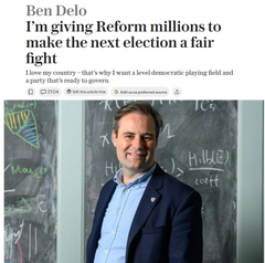 A screenshot of a Guardian article by Ben Delo headlined "I'm giving Reform millions to make the next election a fair fight," featuring a photo of him standing in front of a chalkboard covered in physics equations.