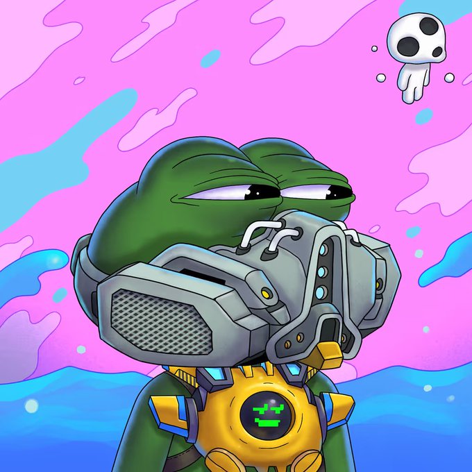 A cartoon illustration of a sad-looking Pepe the Frog wearing a futuristic mechanical breathing apparatus with a small skull-like figure floating in the pink and blue background.