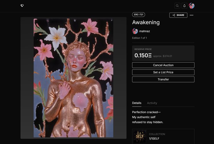 An NFT marketplace listing for 'Awakening' by mahnaz (ERC-721, Edition 1 of 1) showing a digital artwork of a golden-skinned figure with floral elements, with a reserve price of 0.150Ξ (approx. $374.01).