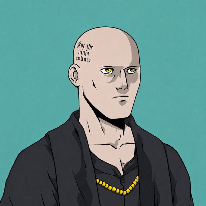 An illustration of a bald man in a dark robe with a yellow beaded necklace and 'For the ninja culture' tattooed on his head.
