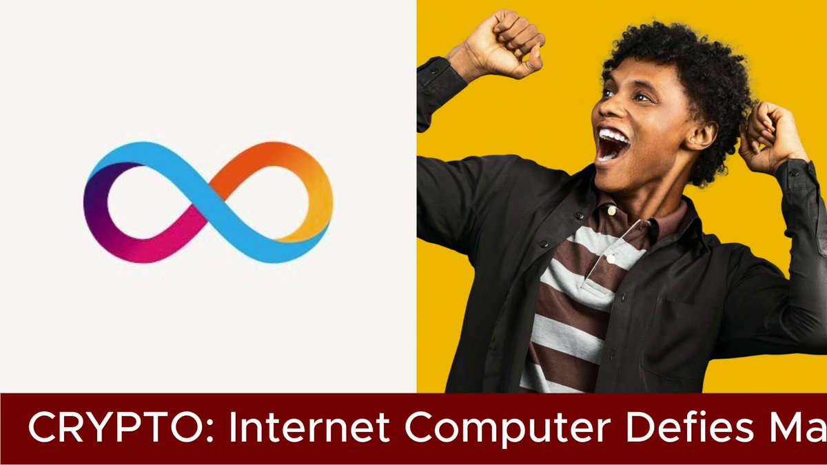 The image features a poster with a man holding his arms up in celebration over a large cryptocurrency logo that says "crypto!" On top of the main poster, there is another smaller poster of the same icon with the text "Internet Computer Defies Market Slump Internet Computer ( @dfinity )($ICP)". The content from this image suggests a positive sentiment towards Bitcoin and cryptocurrencies in general.