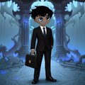 A cartoon illustration of a businessman in a black suit holding a briefcase, standing in front of an ornate gate with gargoyle statues.