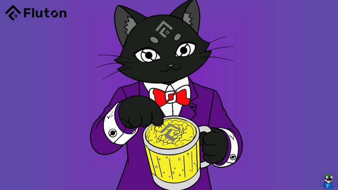 An illustrated black cat wearing a purple suit and red bow tie holds a bucket of gold coins with the 'Fluton' logo, set against a purple background.
