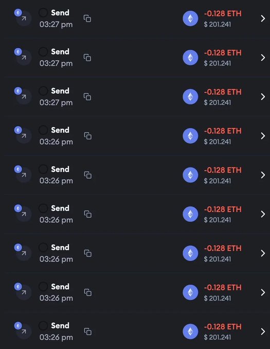 A crypto wallet transaction history showing ten consecutive outgoing "Send" transactions of -0.128 ETH (~$201.241 each), timestamped between 03:26 pm and 03:27 pm, illustrating the rapid distribution of small ETH amounts, likely as part of the promotional airdrop or giveaway referenced in the post.