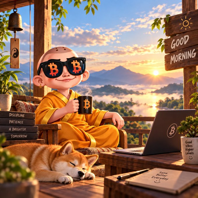 A cartoon Bitcoin monk sips coffee while wearing "₿" sunglasses, surrounded by motivational signs reading "GOOD MORNING," "DISCIPLINE PATIENCE A BRIGHTER TOMORROW," and "Good Vibes Higher Levels," with a Shiba Inu resting beside his Bitcoin-themed laptop—capturing the relaxed, optimistic "GM" spirit ahead of a pivotal Fed decision week.