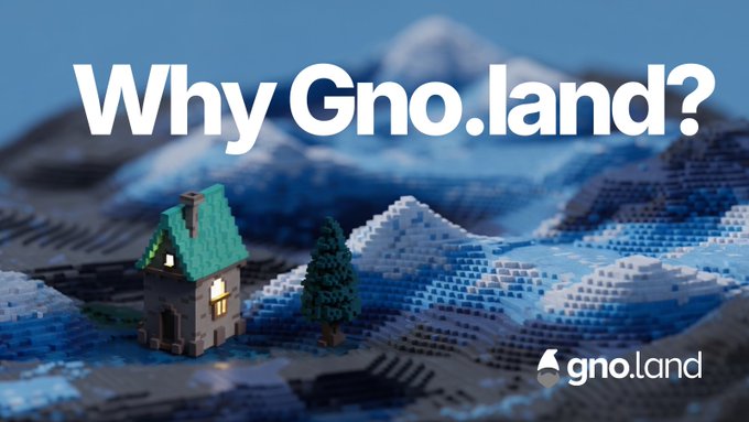 A promotional banner for gno.land with the text 'Why Gno.land?' displayed over a blurred background of LEGO mountains, featuring a small LEGO house and tree, with the gno.land logo in the bottom right corner.