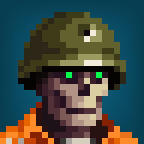 A pixelated close-up of a character wearing a green helmet with glowing green eyes against a dark blue background.