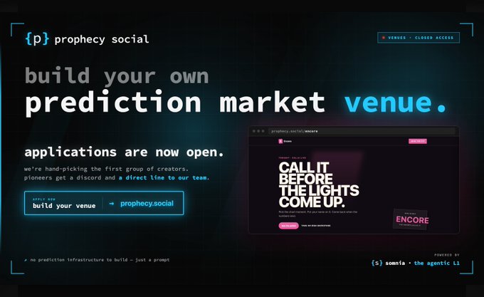 A promotional webpage for 'prophecy social' inviting creators to build their own prediction market venue, featuring dark blue styling and the tagline 'CALL IT BEFORE THE LIGHTS COME UP.'