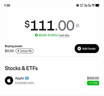 A screenshot of a trading app showing an account balance of $111.00 with $100 invested in 0.312485 shares of Apple (AAPL), displayed as supposed proof of a "$100 free stock bonus" to lure users into signing up for "Berry" via the linked URL.