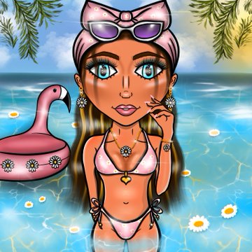An illustrated digital portrait of a woman with a pink headband and sunglasses, wearing a pink bikini and standing in a pool with a flamingo floatie.