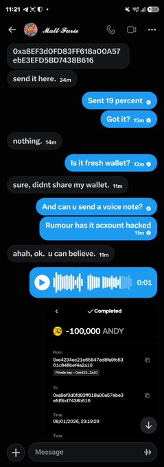 A Facebook Messenger conversation shows two users discussing a transfer of 100,000 ANDY tokens (worth approximately $73 USD), with the sender noting "Rumour has it account hacked" and confirming the transaction was completed despite the warning. The image illustrates the post's caption about sending ANDY tokens to someone whose account may have been compromised.