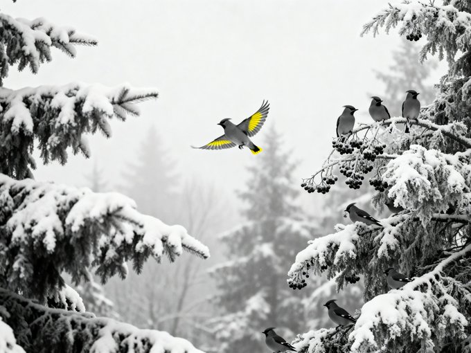 The image features a snowy forest scene with birds perched on branches, some of which are covered in snow. A bird can be seen flying above the trees, while others are sitting on the branches below. The photo appears to have been taken during the morning hours, as indicated by the soft lighting and the presence of birds that seem to be resting or preparing for their day.