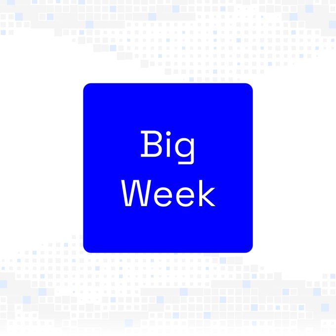 The image features a blue square with rounded corners centered against a white background decorated with small, scattered gray and light blue pixel-like squares along the top and bottom edges. Inside the blue square, the text "Big Week" is displayed in white serif font, split across two lines ("Big" on top and "Week" below). This graphic reinforces the post's message about an important upcoming week on the Base blockchain network.