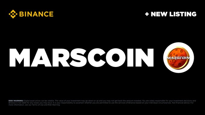 A Binance announcement banner promoting the new listing of Marscoin, featuring the Binance logo, a "+ NEW LISTING" label, the Marscoin name in large white text, and a red planet-themed Marscoin coin graphic on a black background. The image visually reinforces the accompanying post about Binance listing Marscoin with the Seed Tag.