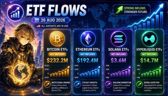 An animated graphic displays 'ETF FLOWS' dated 26 AUG 2026, showing net inflows for Bitcoin ETFs ($232.2M), Ethereum ETFs ($192.4M), Solana ETFs ($3.6M), and Hyperliquid ETFs ($14.7M) with the tagline 'STRONG INFLOWS. STRONGER FUTURE.'