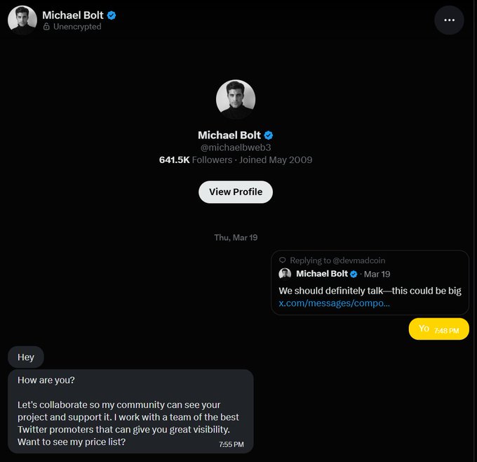 A screenshot of a Twitter DM conversation between Michael Bolt (@michaelbweb3, 641.5K followers) and @devmadcoin, where Bolt pitches paid collaboration and Twitter promotion services. The accompanying post "nah im good @michaelbweb3 -STAY $MAD" appears to be the recipient publicly declining his promotional offer, with $MAD likely referencing their token ticker.