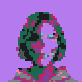 A low-resolution pixelated portrait of a person with greenish hair set against a purple background.