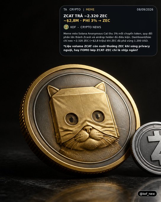 A crypto news post from @kof_new dated 08/09/2026 featuring ZCAT/ZEC tokens, mentioning a memecoin called Solana Anonymous Cat with 3% token transfer tax, priced at ~$2.8M, alongside an image of a gold coin featuring a cat face wrapped in paper.