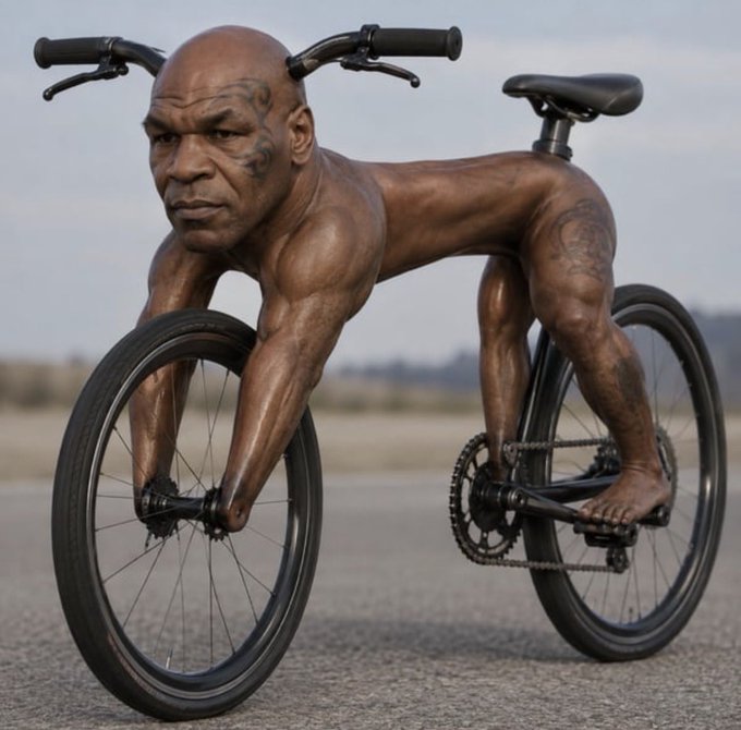 A surreal, hyper-realistic image shows Mike Tyson's head and muscular tattooed body contorted into the shape of a bicycle, complete with handlebars, wheels, and a chain, perfectly capturing the bizarre "BikeTyson" meme coin ($biketyson) launched on Pump.fun that unexpectedly hit a $500K market cap.