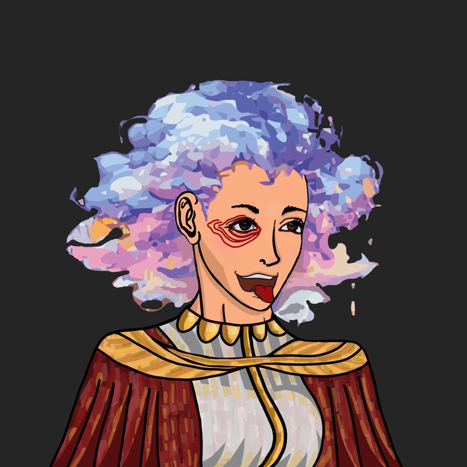 A digital illustration of a woman with vibrant, curly purple and blue hair, wearing ornate red and gold robes, depicted in a stylized artistic portrait.