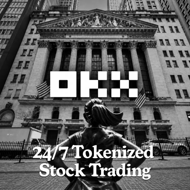 The black-and-white image shows the Fearless Girl statue standing defiantly before the New York Stock Exchange building, overlaid with the "OKX" branding and the text "24/7 Tokenized Stock Trading." It visually represents the post's announcement about NYSE's parent company partnering with OKX to enable round-the-clock U.S. stock trading through tokenization under the SEC's new rules.