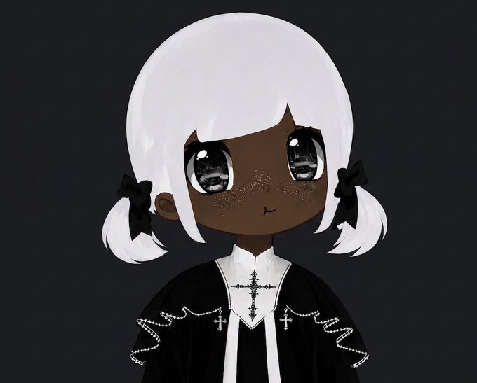 An anime-style chibi character with dark skin, large grey eyes, and short white hair tied in twin tails with black bows; they wear a black gothic dress with white cross designs.