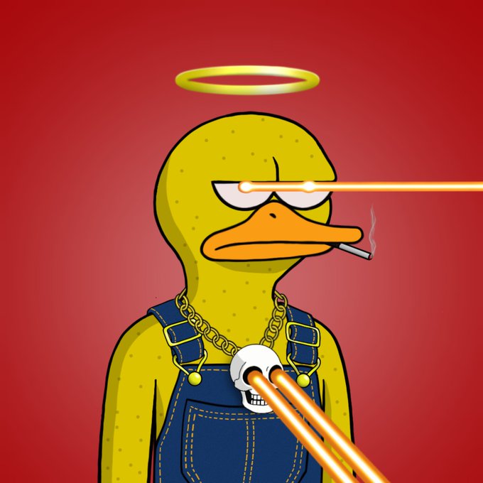 The image features a cartoon duck wearing a gold chain around its neck and holding a cigarette in one hand while pointing a laser beam at another duck with a skull on its chest. The ducks are positioned against a red background, which contrasts with their yellow bodies. The caption reads "Minting madness just went down. We officially crossed 1,000 KDC mints, and in what can only be described as fate, the 1,000th mint also hit the 1,000 KAS bounty. A couple of other bounties were hit as well."