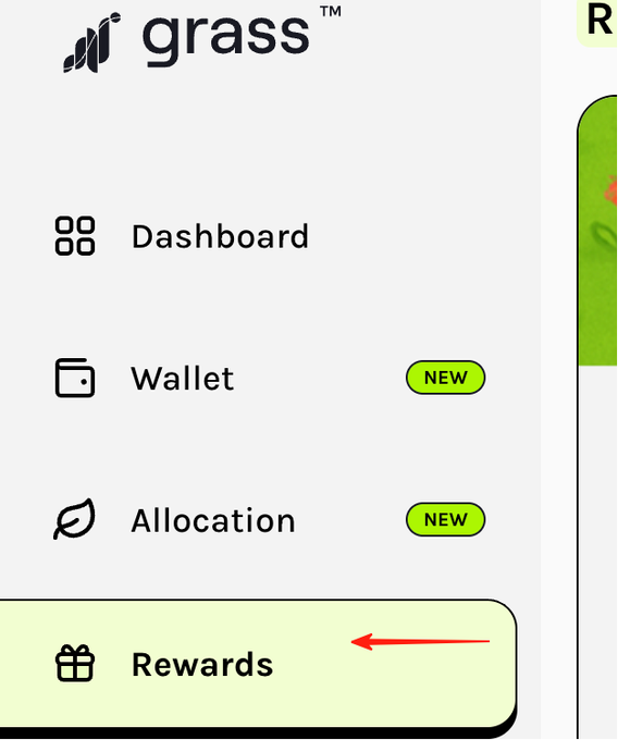 A screenshot of the 'grass' app menu showing options for Dashboard, Wallet, Allocation, and Rewards, with a red arrow pointing to the Rewards button at the bottom.