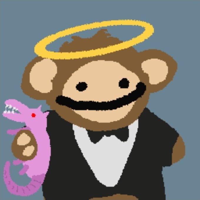 A crude digital drawing of a smiling brown bear-like figure wearing a black tuxedo and yellow halo, accompanied by a small pink dinosaur.