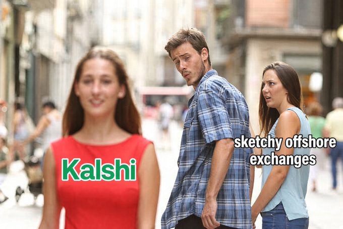 A man turns away from his partner to check out an attractive woman in a red "Kalshi" shirt, while the partner glares—visually illustrating the meme's message that traders have no reason to chase "sketchy offshore exchanges" when a legitimate, attractive option like Kalshi (running a $500 giveaway) is right in front of them.