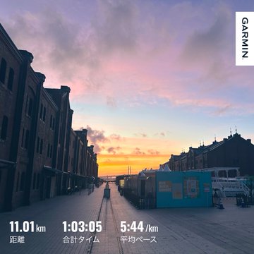 A Garmin fitness app screenshot displaying a 11.01 km running activity with a total time of 1:03:05 and an average pace of 5:44/km, set against a background of a sunset harbor.