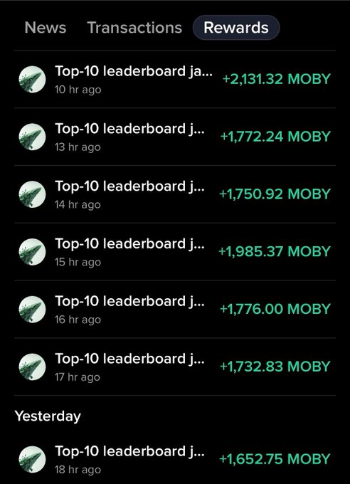 The image shows a mobile app interface displaying the "Rewards" tab, featuring a list of recent MOBY token rewards ranging from +1,652.75 to +2,131.32 MOBY earned from "Top-10 leaderboard" achievements over the past 18 hours, with amounts highlighted in green. This directly supports the post's claim that the Moby agent app consistently pays users significant MOBY rewards, while the screenshot focuses specifically on the earnings aspect rather than the mentioned Whale Watch feature.