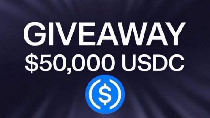 A promotional graphic with a dark background announcing a 'GIVEAWAY' of '$50,000 USDC' displayed above the blue USDC cryptocurrency logo.
