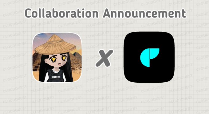 A 'Collaboration Announcement' graphic featuring an anime-style character in a conical hat on the left and a black square logo with a teal 'P' shape on the right.