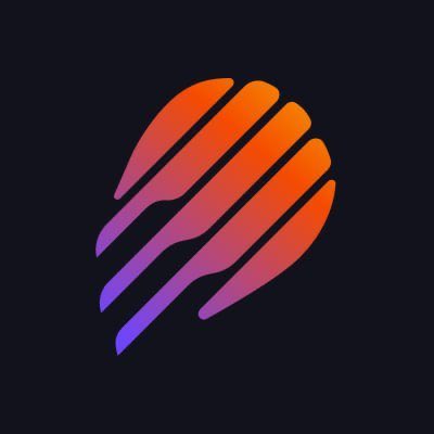 A logo featuring an orange-to-purple gradient circular shape composed of parallel slanted lines against a dark background.