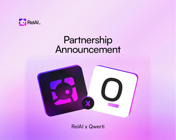 Partnership announcement graphic featuring the RelAI and Qwerti logos with the text "RelAI x Qwerti" on a pink/purple gradient background.