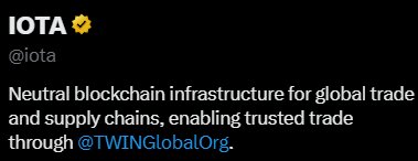 A black social media post for 'IOTA @iota' describes it as 'Neutral blockchain infrastructure for global trade and supply chains, enabling trusted trade through @TWINGlobalOrg.'