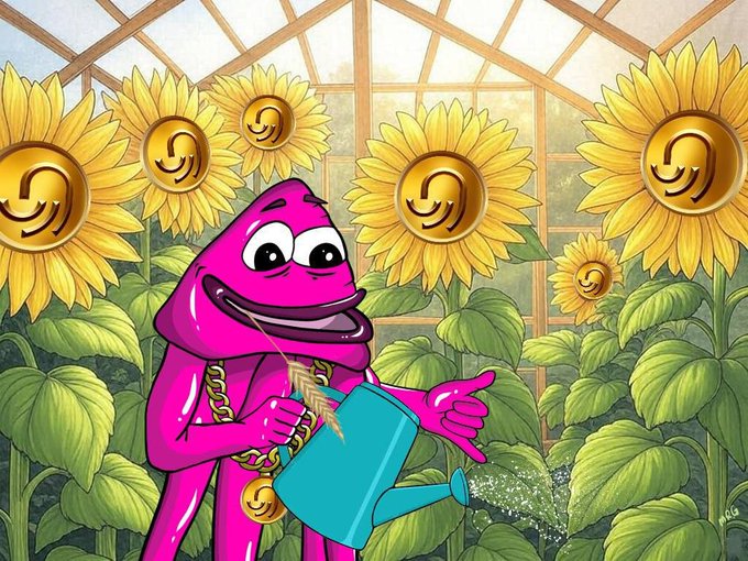 A cartoon illustration of a pink Pepe-style frog wearing gold chains and holding a blue watering can in a greenhouse filled with sunflowers bearing the Turkish lira (₺) symbol.