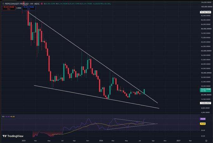 A weekly candlestick chart of PEPECORNUSDT (PEPE) on TradingView showing a descending wedge or channel pattern, with price currently around 26,261 and RSI at 41.65.