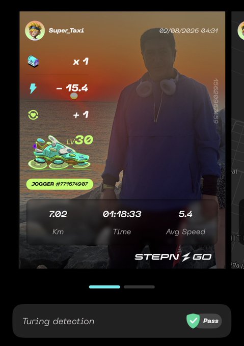 A fitness tracking screenshot from STEPN GO shows user 'Super_Taxi' with a Level 30 Jogger sneaker, having traveled 7.02 km in 01:18:33 with an average speed of 5.4, earning -15.4 energy and +1 GST, with 'Turing detection' marked as Pass.