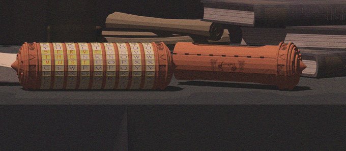 A close-up of a wooden cipher device (resembling a scytale or code cylinder) with lettered bands displaying a cipher key, surrounded by old books.