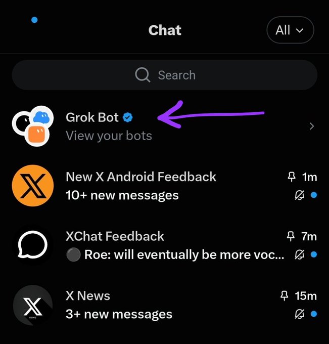 A screenshot of the X (formerly Twitter) Chat interface on mobile, with a purple arrow pointing to the verified "Grok Bot" option that says "View your bots," above chat entries like "New X Android Feedback" and "XChat Feedback."